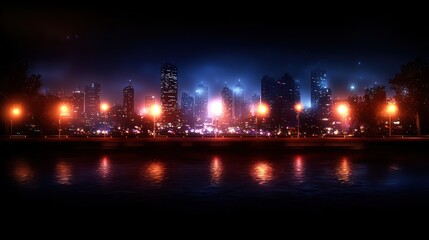 Naklejka premium Night city skyline reflecting on water, vibrant neon lights