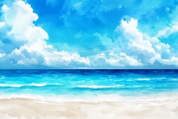 Fototapeta premium A serene beach scene with white sand turquoise water and fluffy clouds painting style illustration art