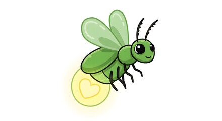 Firefly in Flight: A charming firefly with a glowing heart-shaped light, a whimsical illustration perfect for conveying joy and wonder.