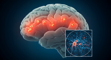 3D Render of Human Brain Highlighting Cognitive Impairment Areas with Detailed Neural Network Inset