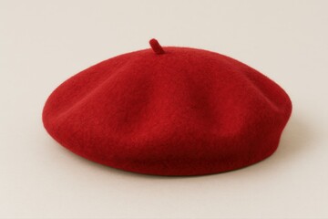 A red wool beret with a soft, felted texture, shown resting on a clean off-white background 