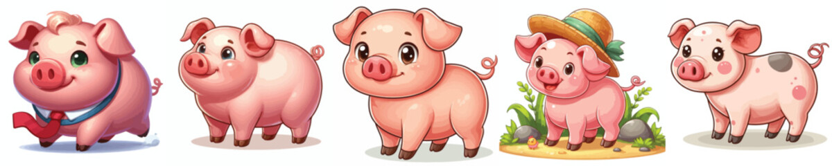 Funny collection of farm animal pictures pigs in cartoon style on white background