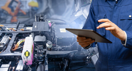 Serviceman with digital tablet next to electric truck. Electric vehicles maintenance