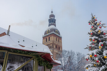 Snowy cityscape of Riga historic center,  Latvia