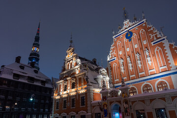 Snowy square of Riga historic center at  night, Latvia
