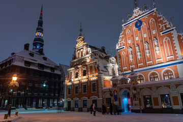 Snowy square of Riga historic center at  night, Latvia