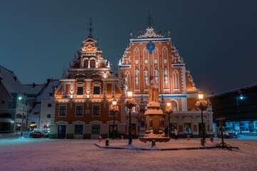 Snowy square of Riga historic center at  night, Latvia