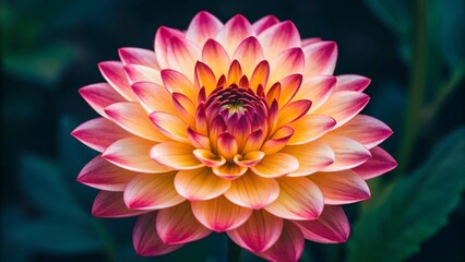 A vibrant close-up of a dahlia flower with layers of petals transitioning from deep magenta at the center to warm orange and bright pink at the tips