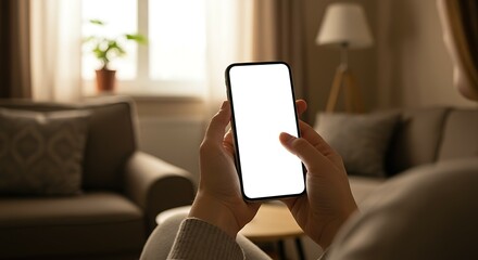 Mockup image of a man/woman holding and showing white mobile phone with blank screen. For Design.
