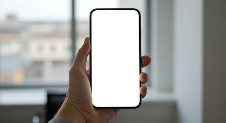 Mockup image of a man/woman holding and showing white mobile phone with blank screen. For Design.