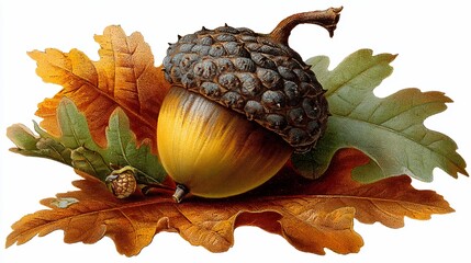 A single acorn with a cap on top surrounded by three oak leaves