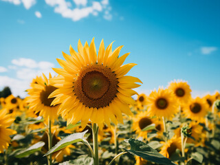 Obraz premium Low angle of sunflower field with yellow flowers, red barn, and puffy clouds under summer sky