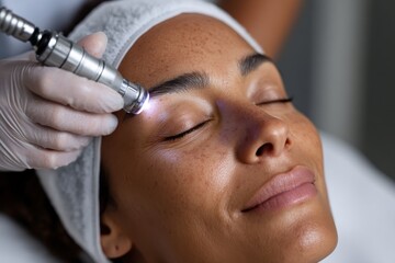 A woman relaxing during a facial treatment process using laser technology, aiming to improve skin texture and reduce signs of aging while enhancing overall beauty and wellness.