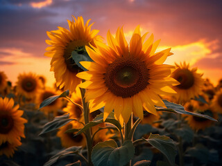 Obraz premium Proud sunflowers stand under the evening sky, their heads burning brightly as they turn west