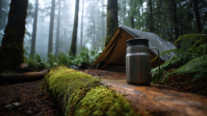 Fototapeta premium Foggy Forest Camping Setup A cozy tent set up on a moss-covered forest floor, with a thermos of hot tea on a log, surrounded by misty fog and tall trees