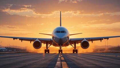 Obraz premium 夕焼け空の下、滑走路を力強く走る旅客機
