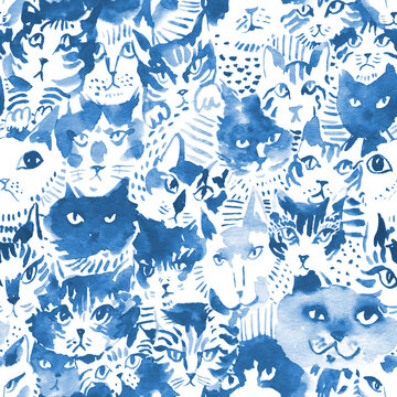 Watercolor cartoon cats seamless pattern, monochrome blue texture