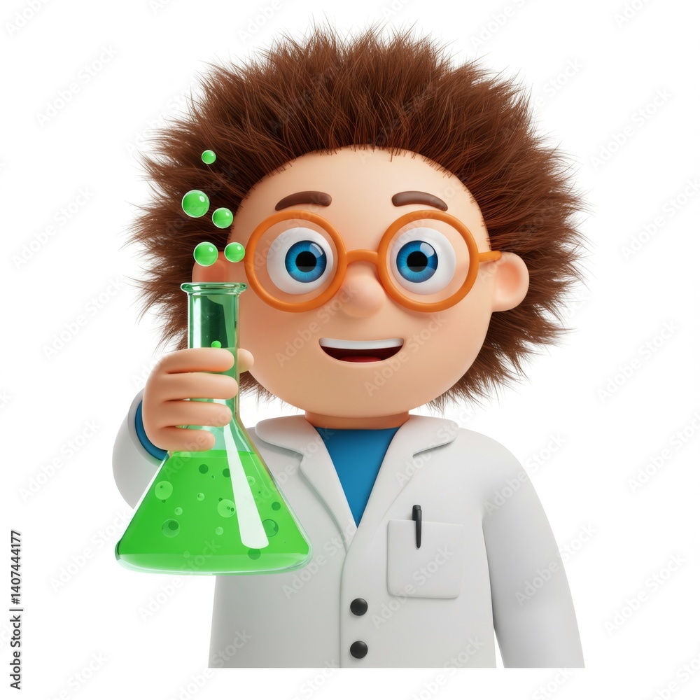 Wall mural curious scientist character holding green solution in laboratory experiment scene