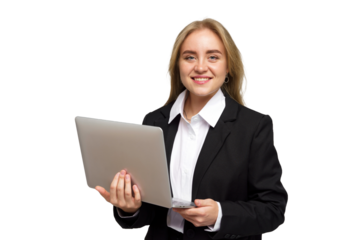 Confident Young Professional in Business Attire Engaging With Technology on a Bright Background