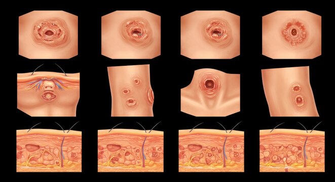 Detailed Medical Illustration of Pressure Ulcers Showing Stages and Tissue Damage