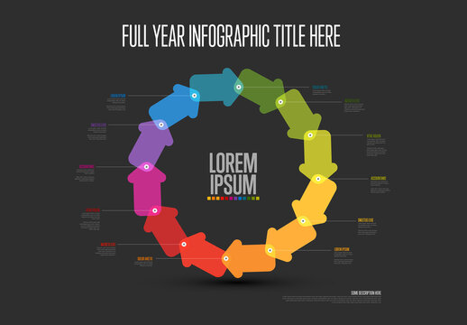 Colorful Dark Circular Infographic with twelve Arrows and Placeholder Texts