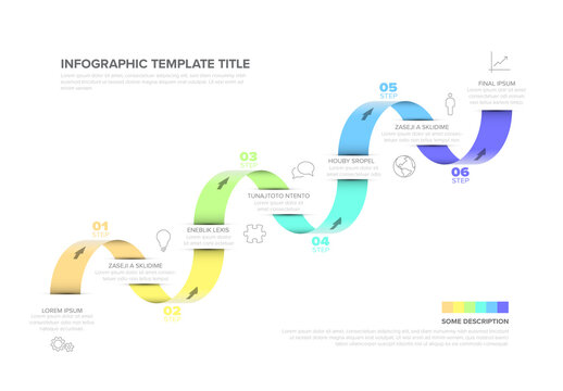 Colorful Six-Step Gradient Infographic Template Design wit color ribbon stripe and icons