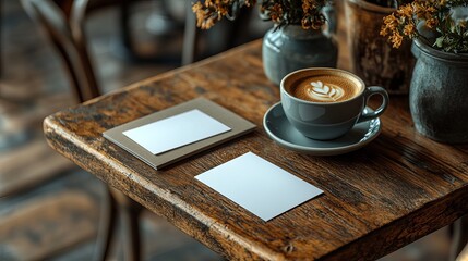 Elegant Rustic Wooden Table Coffee Latte Mockup Business Cards Branding Design Template bar menu cafe gray brown cream style clean