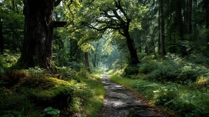 Obraz premium Sunlight filters through a lush forest path.