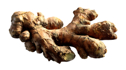 Ginger root with natural curves and rough skin isolated on transparent background, hd realistic 8k, --ar 16:9 --v 7.0