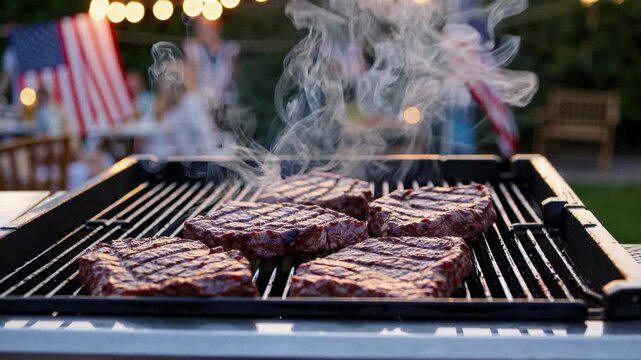 Grilling steaks at american bbq celebration with flags and smoke