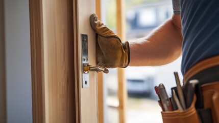 Carpenter assembling a wooden door frame for a home. Featuring skill and craftsmanship