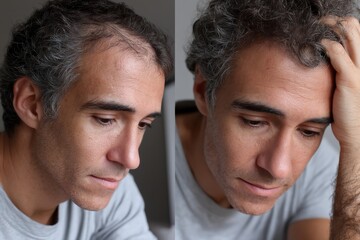 Fototapeta premium A composite image featuring a thoughtful man in two perspectives, each capturing his emotional depth and contemplative nature, symbolizing human introspection.