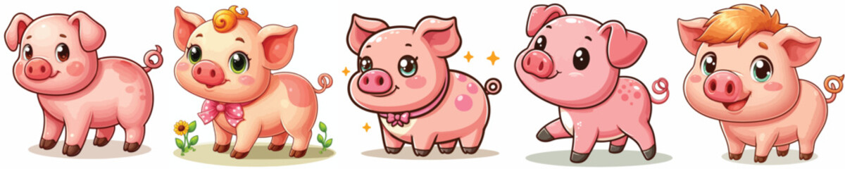 Funny collection of farm animal pictures pigs in cartoon style on white background