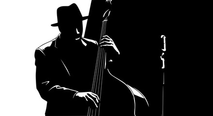 Man soulful playing upright bass against vintage microphone background