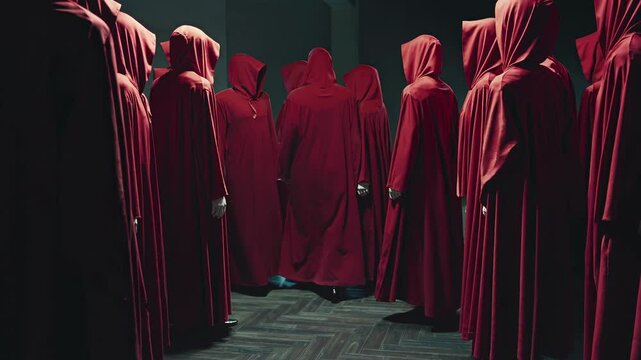 Mysterious gathering of cloaked figures in dimly lit room