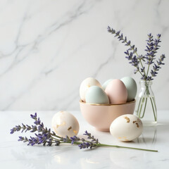 Easter holiday, still life with eggs and flowers