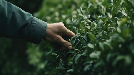 Landscaper trimming hedges in backyard. Featuring care and detail