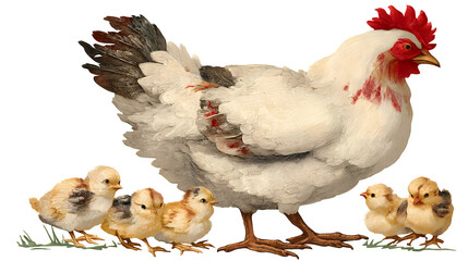 Hen with her chicks depicted in a motherly barnyard art style on a transparent background --ar 16:9 --v 7.0