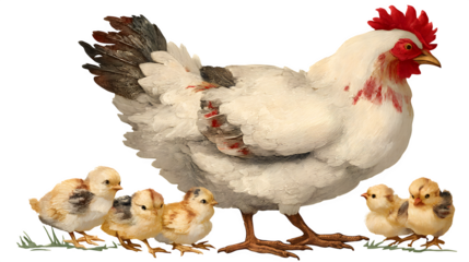 Hen with her chicks depicted in a motherly barnyard art style on a transparent background --ar 16:9 --v 7.0
