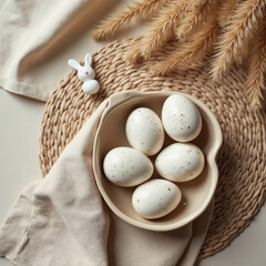 a still life of a bright Easter, eggs in a basket on a table with flowers, the aesthetics of minimalism