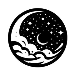 Celestial Circle: Crescent Moon, Stars, & Clouds in Black & White