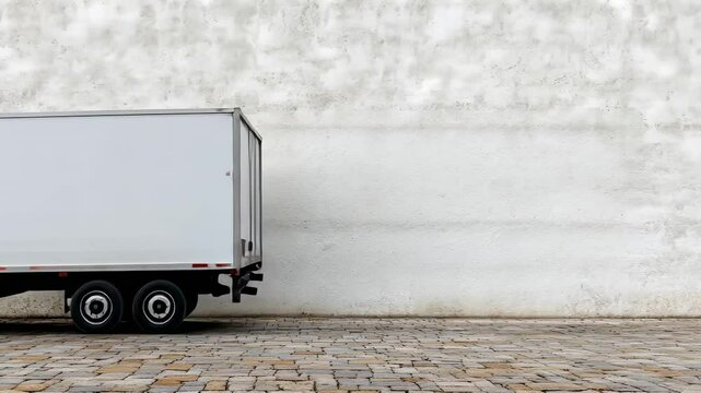 White delivery truck parked near a large wall provides ample copy space for custom designs and branding, showcasing various angles and perspectives for versatile marketing materials
