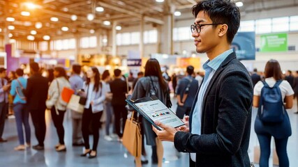 Businessman at a Trade Show: A young businessman stands confidently amidst the bustling atmosphere of a large trade show, reviewing data on his tablet. He is dressed in smart casual attire.