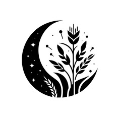 Celestial Wheat Silhouette: Moon, Stars, & Flora Icon