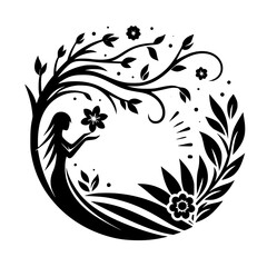 Silhouette of Woman with Flower in Circle, Nature Art