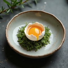 a ready-made dish on Easter day, an egg on moss in a plate, aesthetics