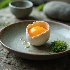 a ready-made dish on Easter day, an egg on moss in a plate, aesthetics