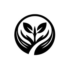 Black & White Sustainability Logo: Hands Protecting Plant.