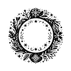 Winter Snowflake & Leaf Wreath - Minimalist Black & White Design