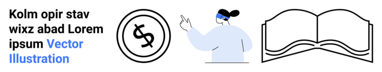 Abstract person gestures toward money coin and open book. Ideal for education, finance, learning, investment, savings, academic growth, self-improvement. Abstract line flat metaphor